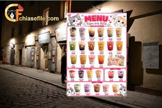 Download miễn phí mẫu menu tiệm trà sữa vector siêu dễ thương. Thiết kế thực đơn tone màu hồng, họa tiết chú mèo cute. Tải ngay file gốc AI/Corel!